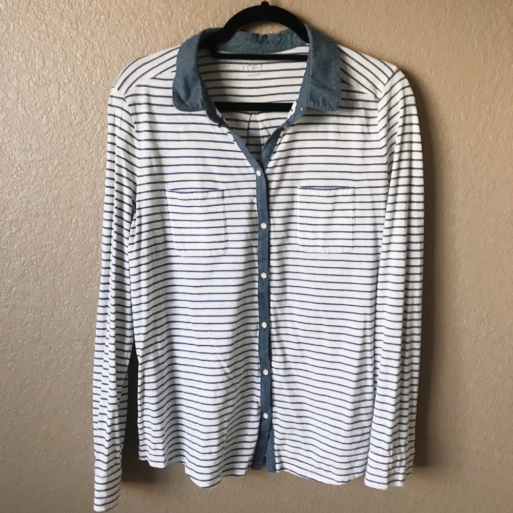blue stripped LOFT long sleeve with denim collar